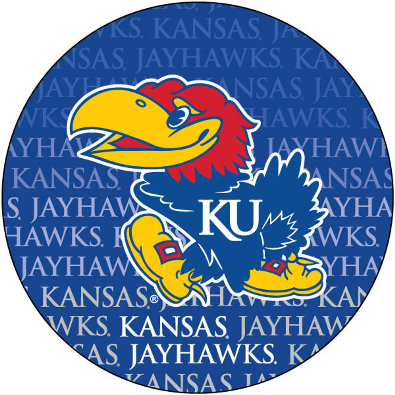 Kansas Jayhawks NCAA Collegiate Trendy Verbiage Repeating Wordmark Text Fashion Pattern 4 Inch Round Decal Sticker