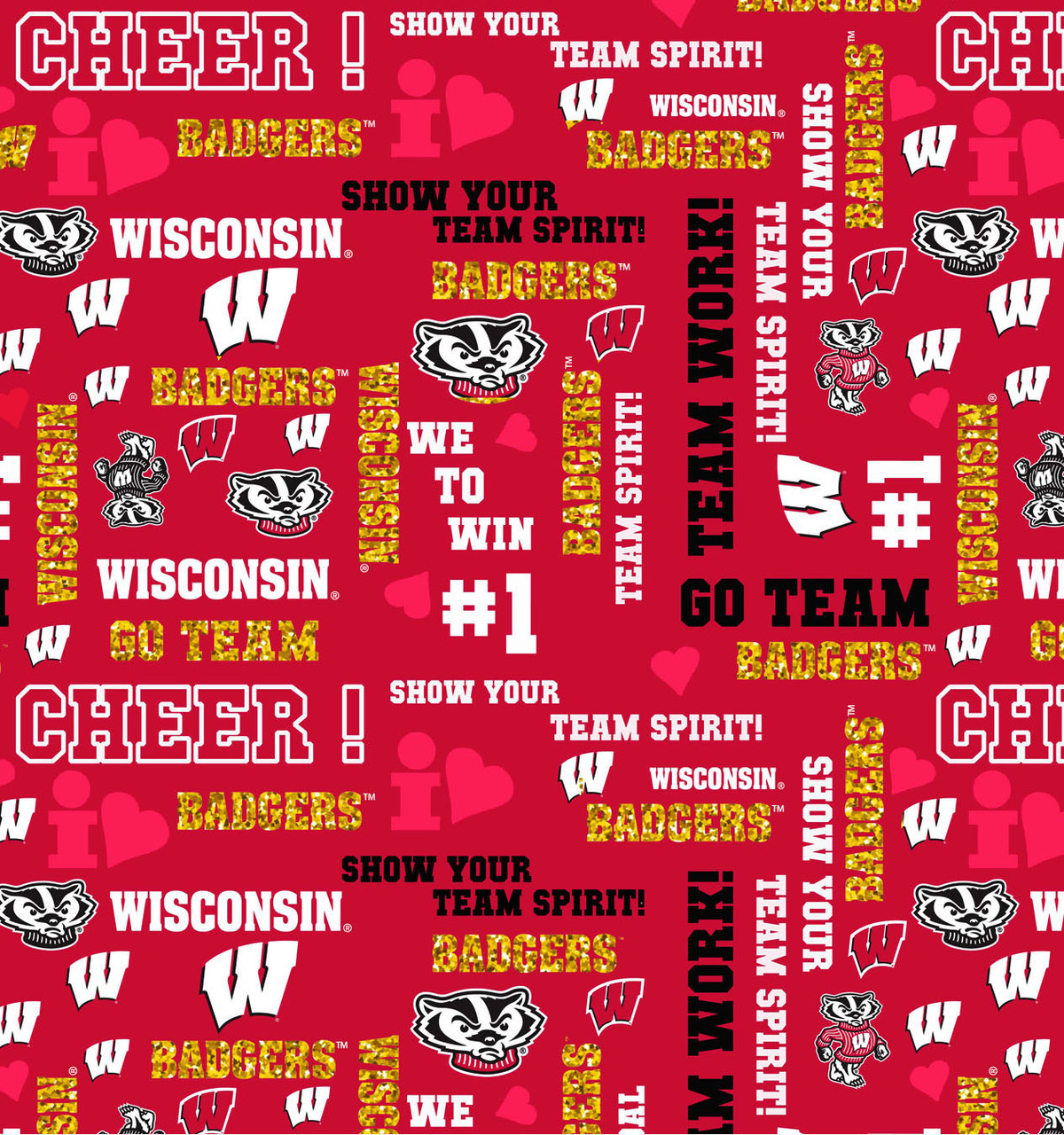 University of Wisconsin Badgers Cotton Fabric with Glitter Accent Print or Matching Solid Cotton Fabrics