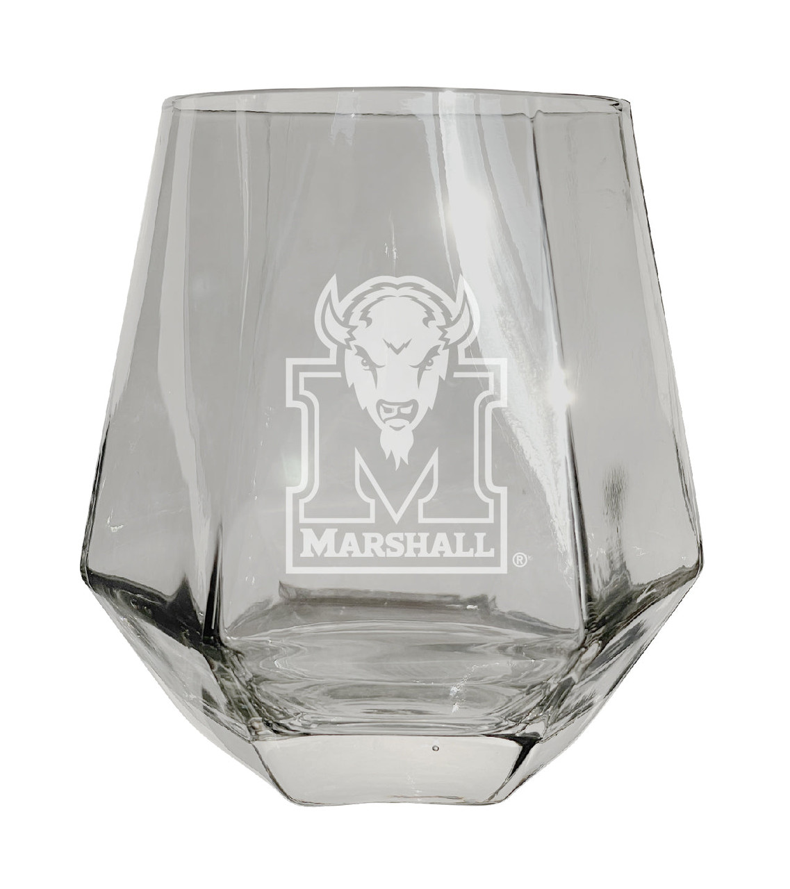 Marshall Thundering Herd Etched Diamond Cut Stemless 10 ounce Wine Glass Clear