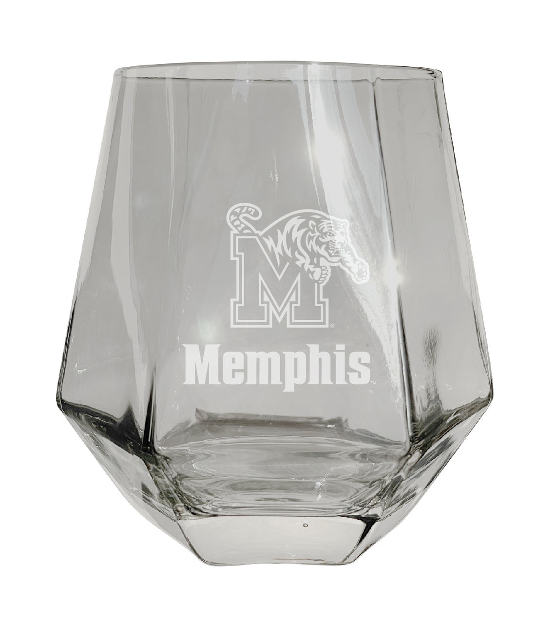 Memphis Tigers Etched Diamond Cut Stemless 10 ounce Wine Glass Clear