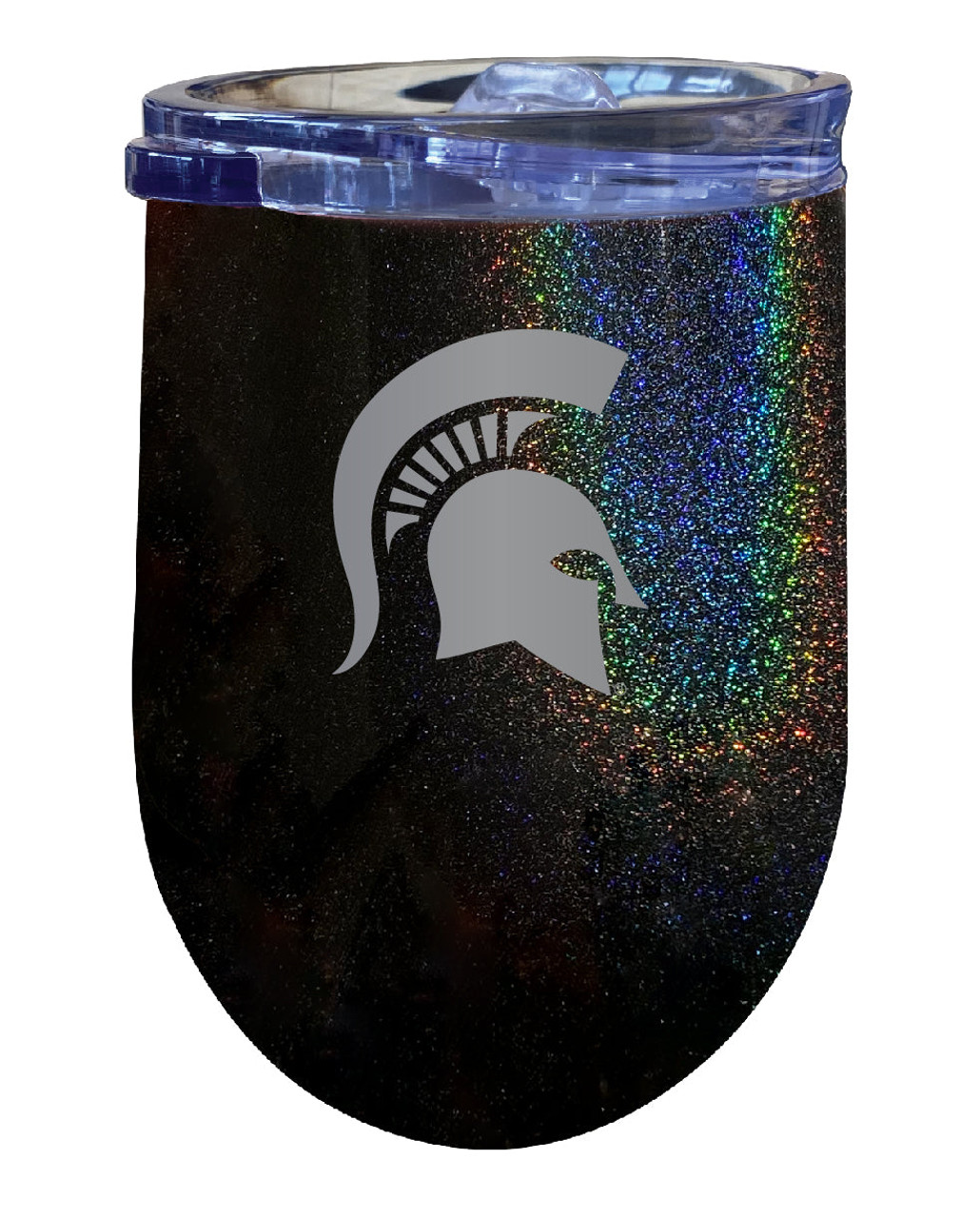 Michigan State Spartans 12 oz Laser Etched Insulated Wine Stainless Steel Tumbler Rainbow Glitter Black