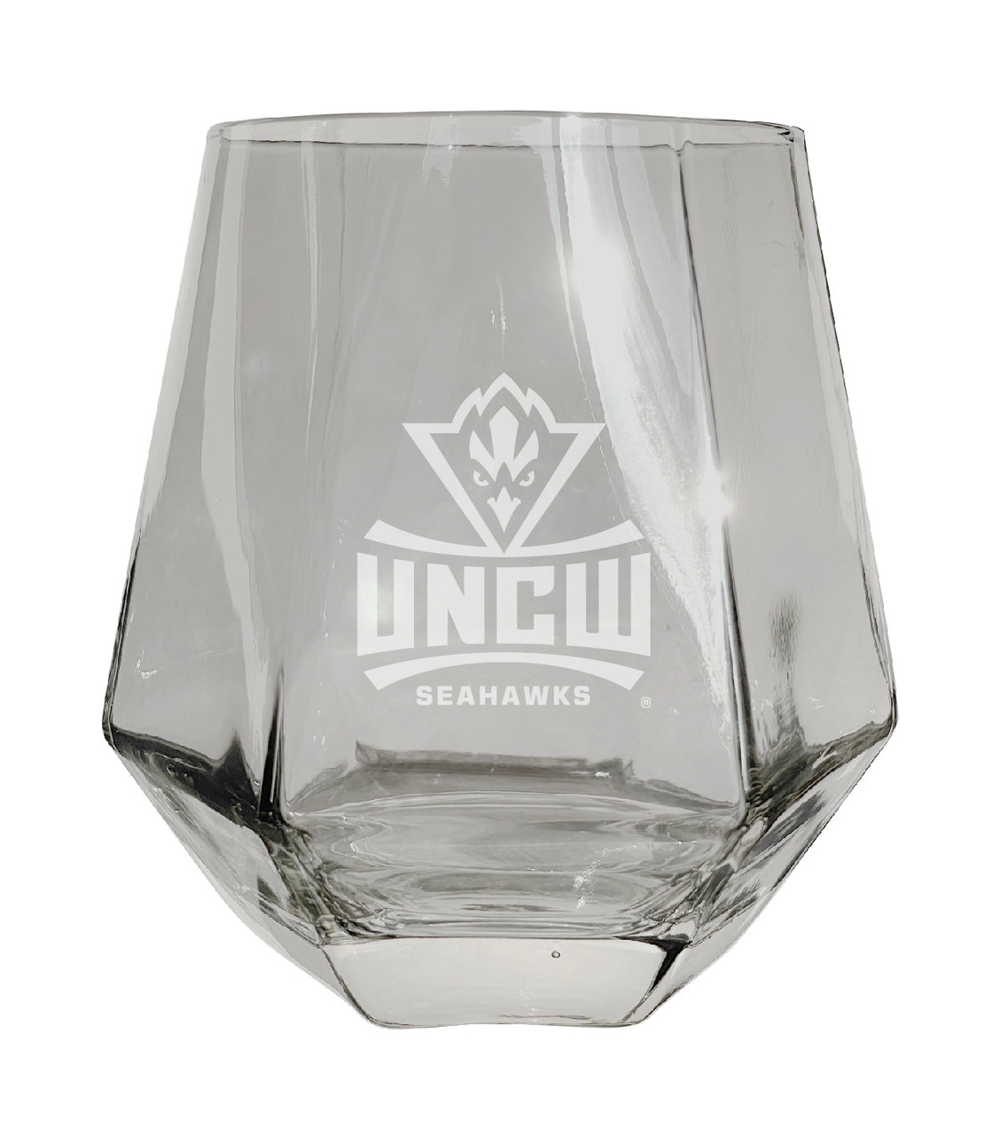North Carolina Wilmington Seahawks Etched Diamond Cut Stemless 10 ounce Wine Glass Clear