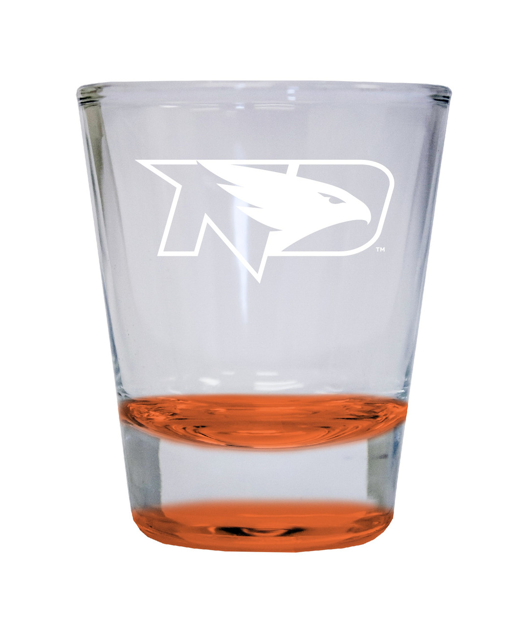 North Dakota Fighting Hawks Etched Round Shot Glass 2 oz Orange