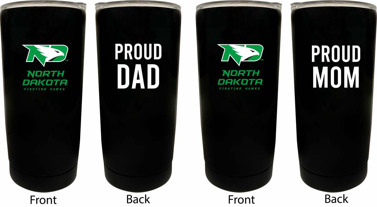 North Dakota Fighting Hawks Proud Mom and Dad 16 oz Insulated Stainless Steel Tumblers 2 Pack Black.