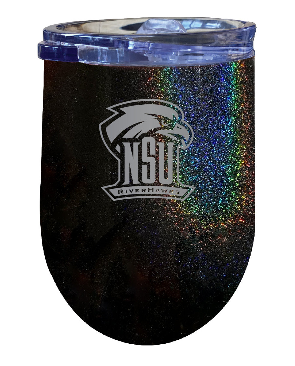 Northeastern State University Riverhawks 12 oz Laser Etched Insulated Wine Stainless Steel Tumbler Rainbow Glitter Black
