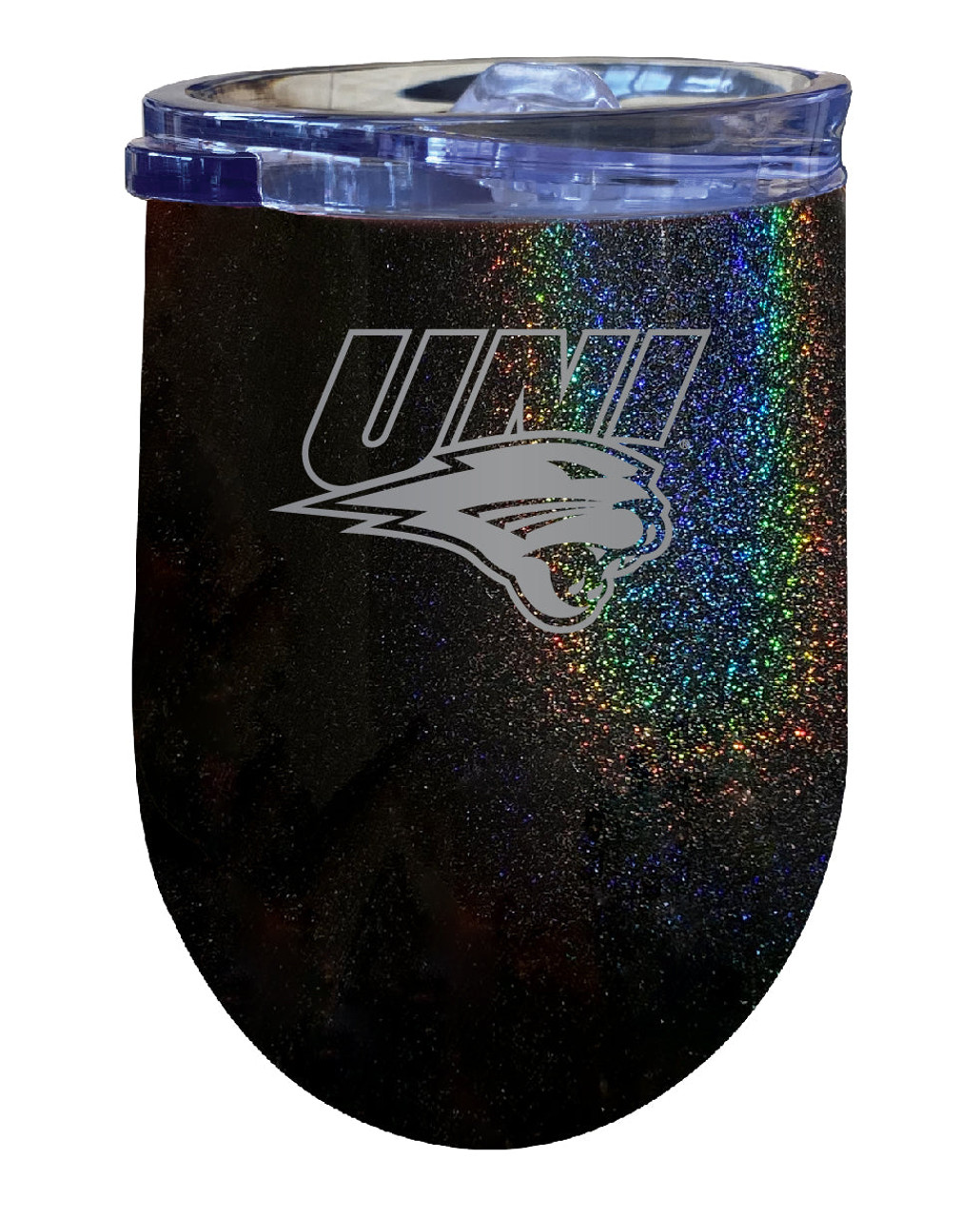 Northern Iowa Panthers 12 oz Laser Etched Insulated Wine Stainless Steel Tumbler Rainbow Glitter Black
