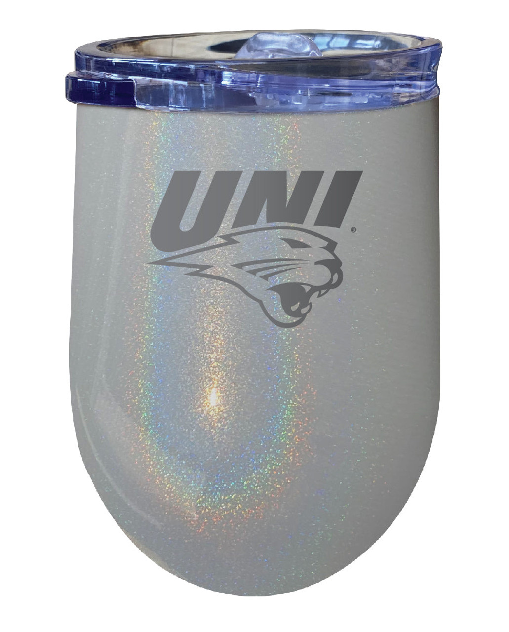 Northern Iowa Panthers 12 oz Laser Etched Insulated Wine Stainless Steel Tumbler Rainbow Glitter Grey