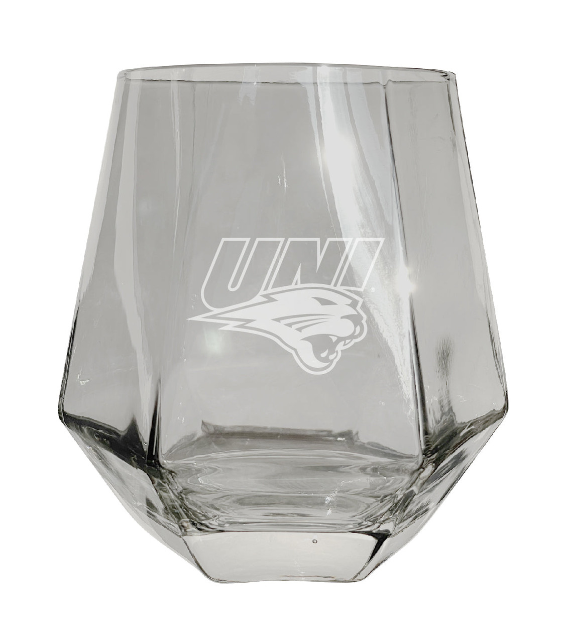 Northern Iowa Panthers Etched Diamond Cut Stemless 10 ounce Wine Glass Clear