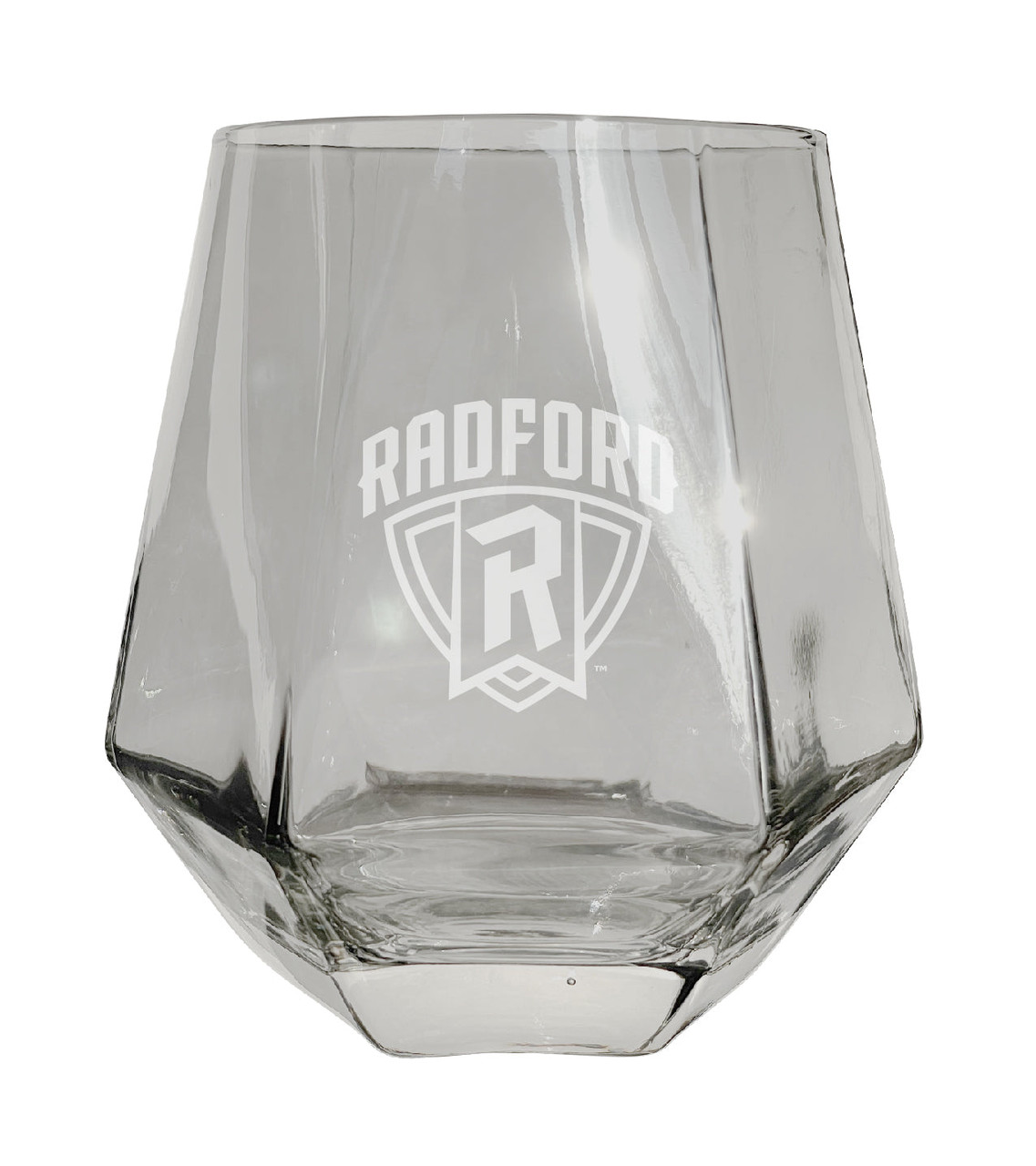 Radford University Highlanders Etched Diamond Cut Stemless 10 ounce Wine Glass Clear