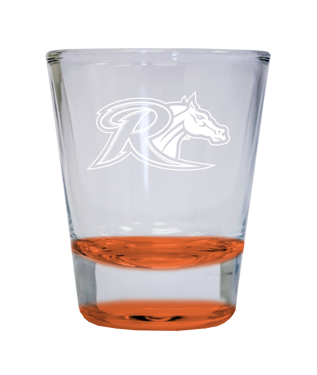 Rider University Broncs Etched Round Shot Glass 2 oz Orange