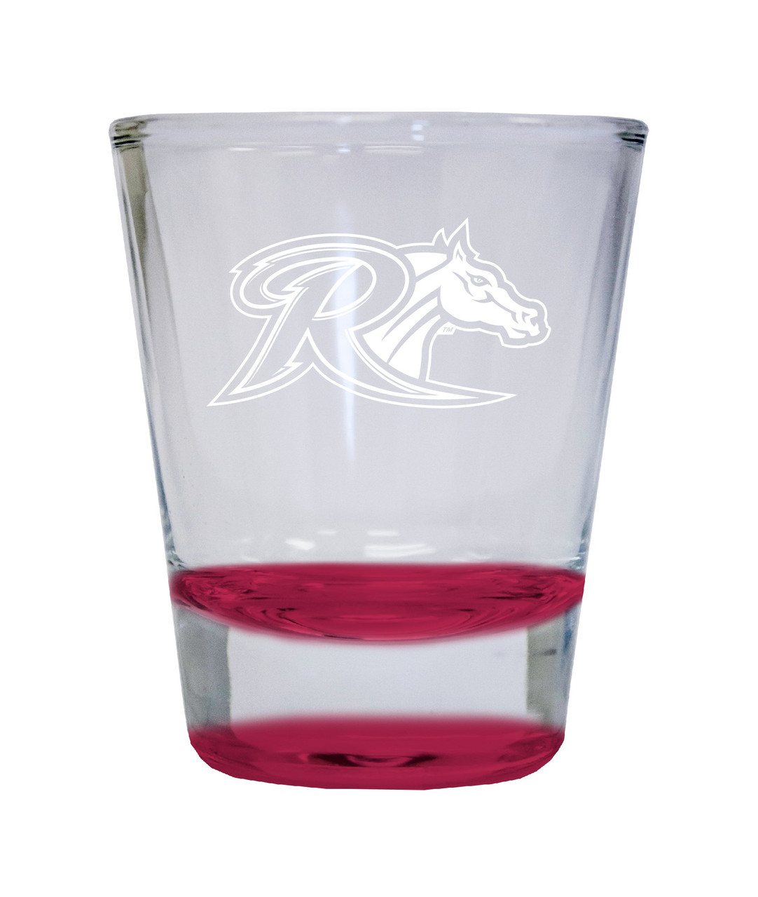 Rider University Broncs Etched Round Shot Glass 2 oz Red