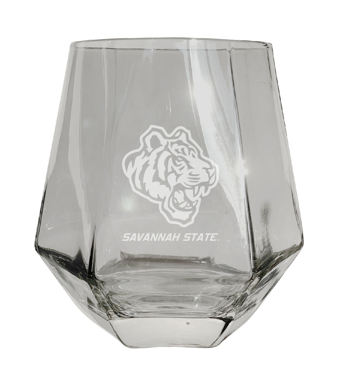 Savannah State University Etched Diamond Cut Stemless 10 ounce Wine Glass Clear