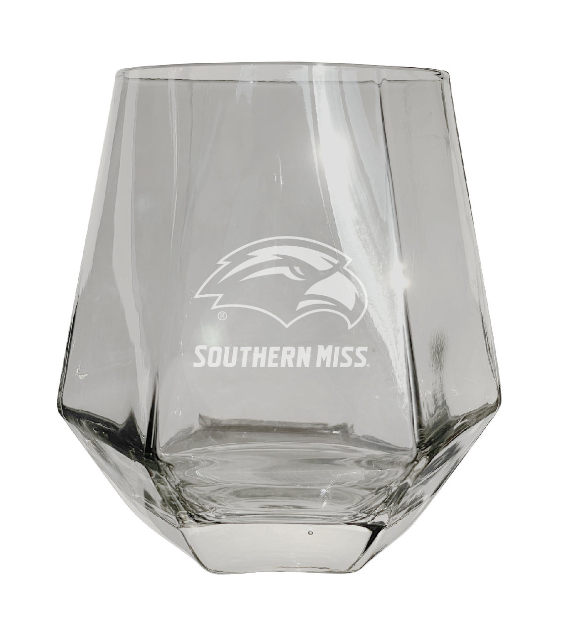 Southern Mississippi Golden Eagles Etched Diamond Cut Stemless 10 ounce Wine Glass Clear