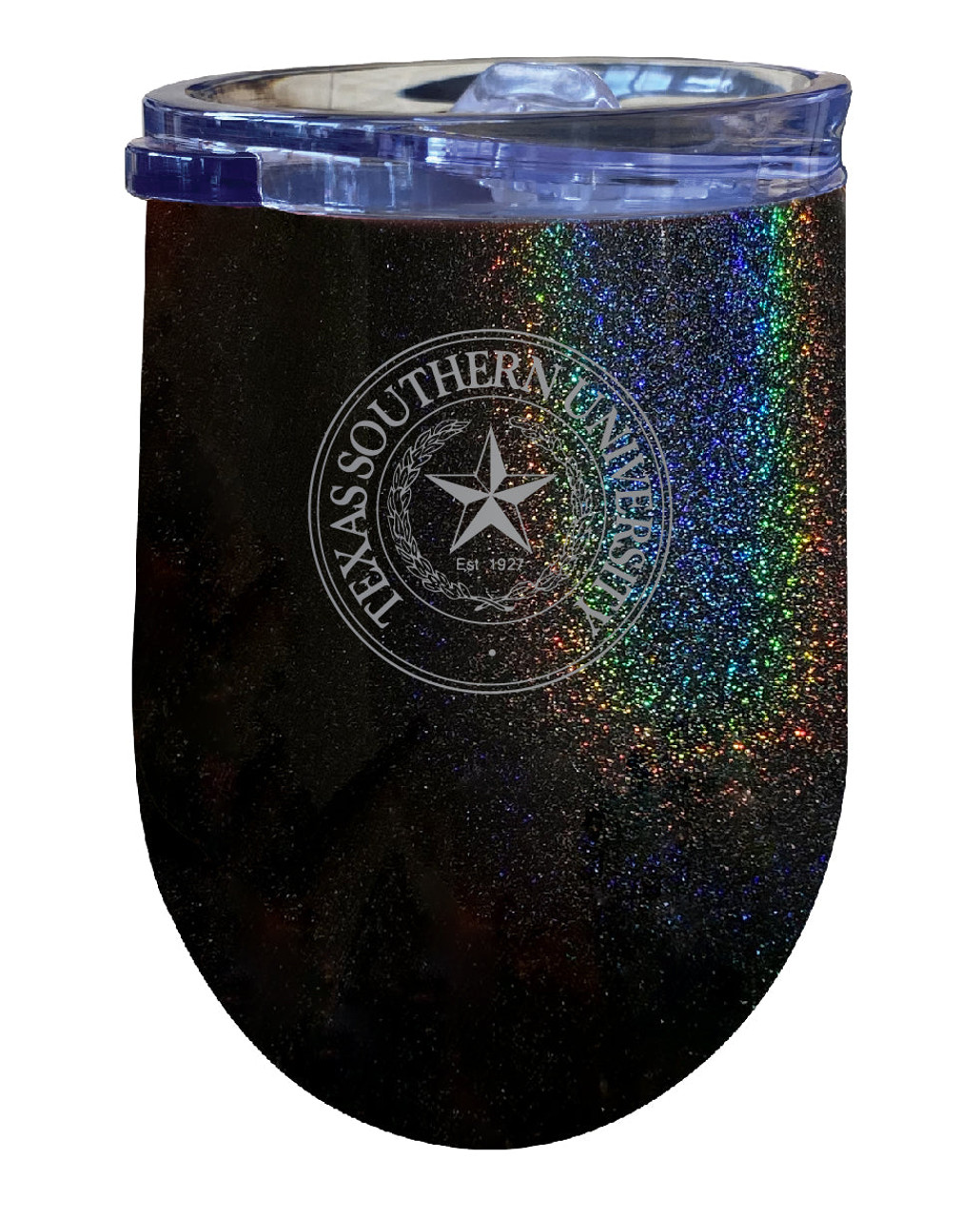 Texas Southern University 12 oz Laser Etched Insulated Wine Stainless Steel Tumbler Rainbow Glitter Black