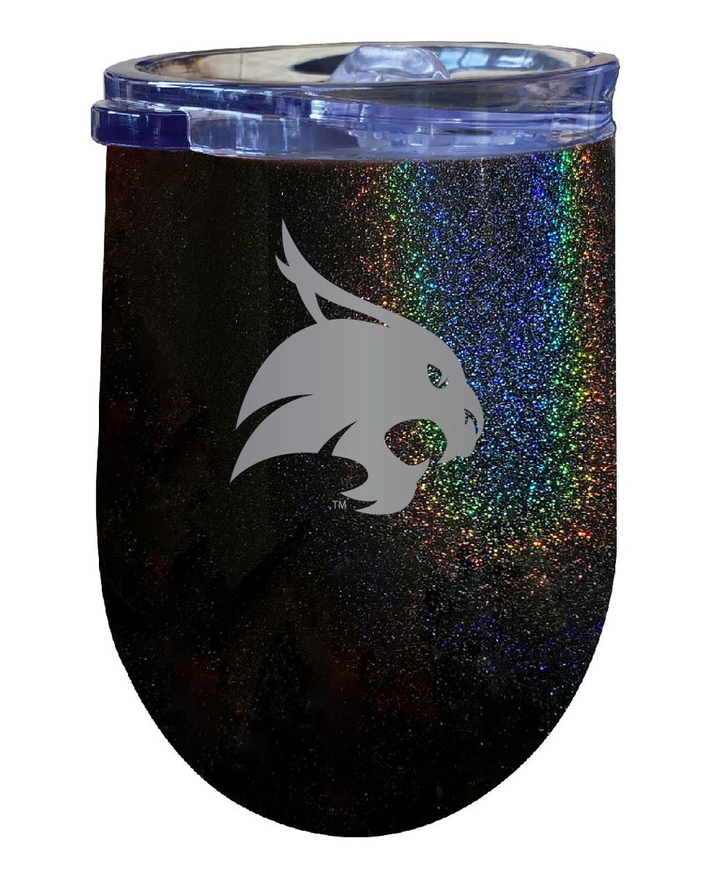 Texas State Bobcats 12 oz Laser Etched Insulated Wine Stainless Steel Tumbler Rainbow Glitter Black