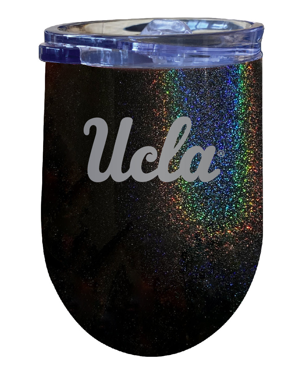 UCLA Bruins 12 oz Laser Etched Insulated Wine Stainless Steel Tumbler Rainbow Glitter Black