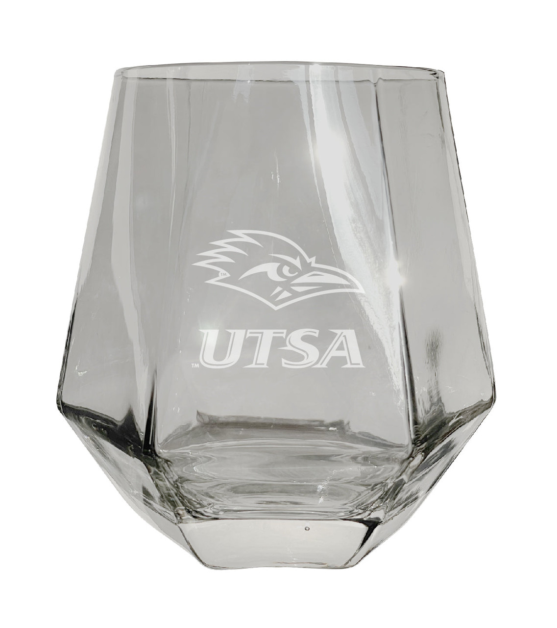 UTSA Road Runners Etched Diamond Cut Stemless 10 ounce Wine Glass Clear