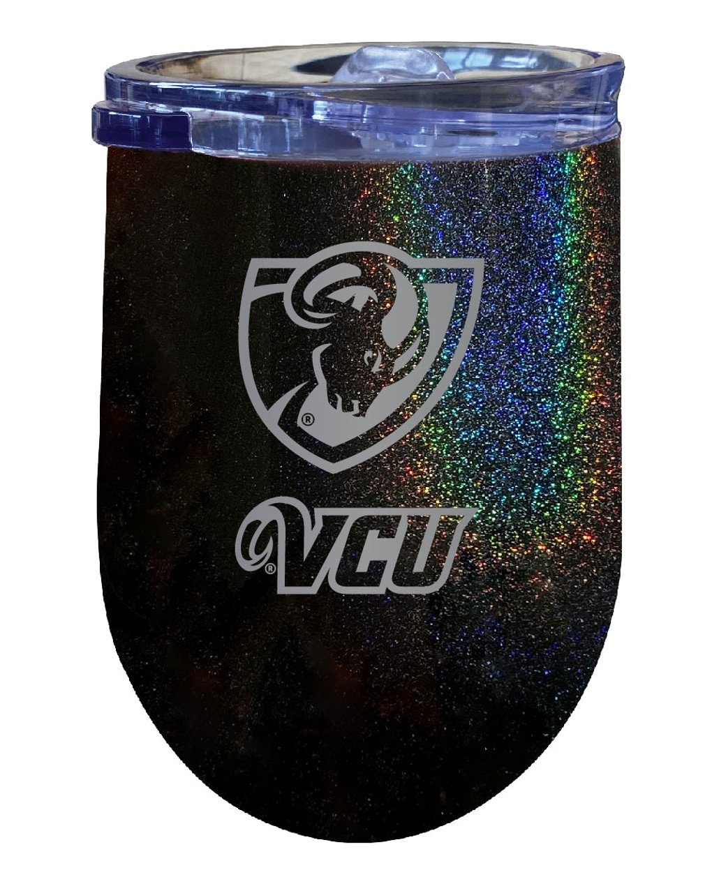 Virginia Commonwealth 12 oz Laser Etched Insulated Wine Stainless Steel Tumbler Rainbow Glitter Black