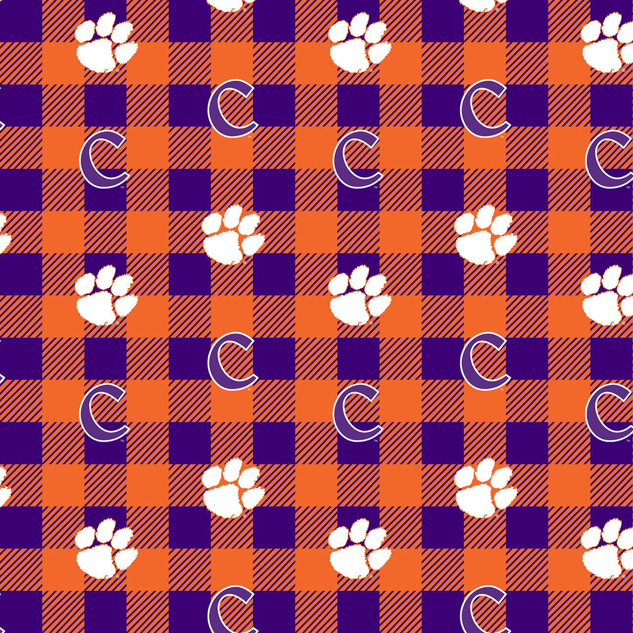 Clemson Tigers Fleece Fabric with Buffalo Plaid design-Sold by the Yard