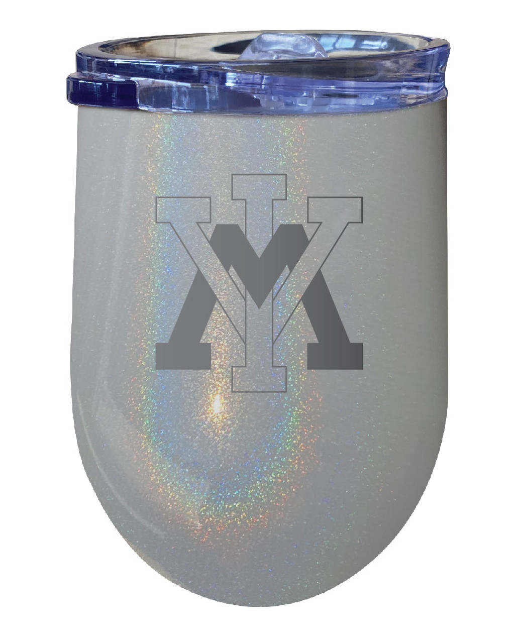 VMI Keydets 12 oz Laser Etched Insulated Wine Stainless Steel Tumbler Rainbow Glitter Grey