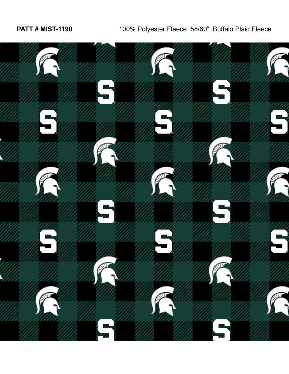 Michigan State Spartans Fleece Fabric with Buffalo Plaid design-Sold by the Yard