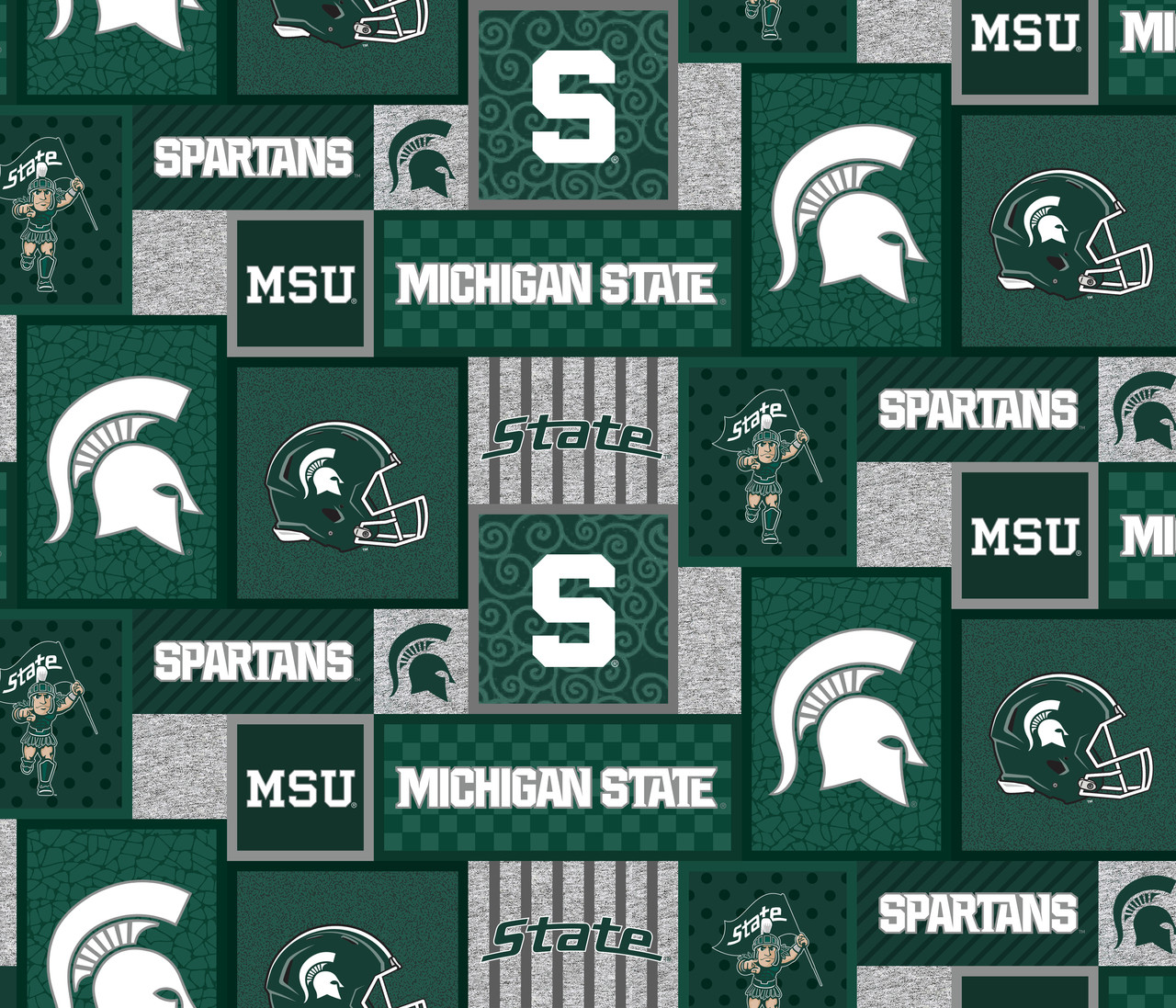 Michigan State University Fleece Fabric with College Patch Design-Sold by the yard