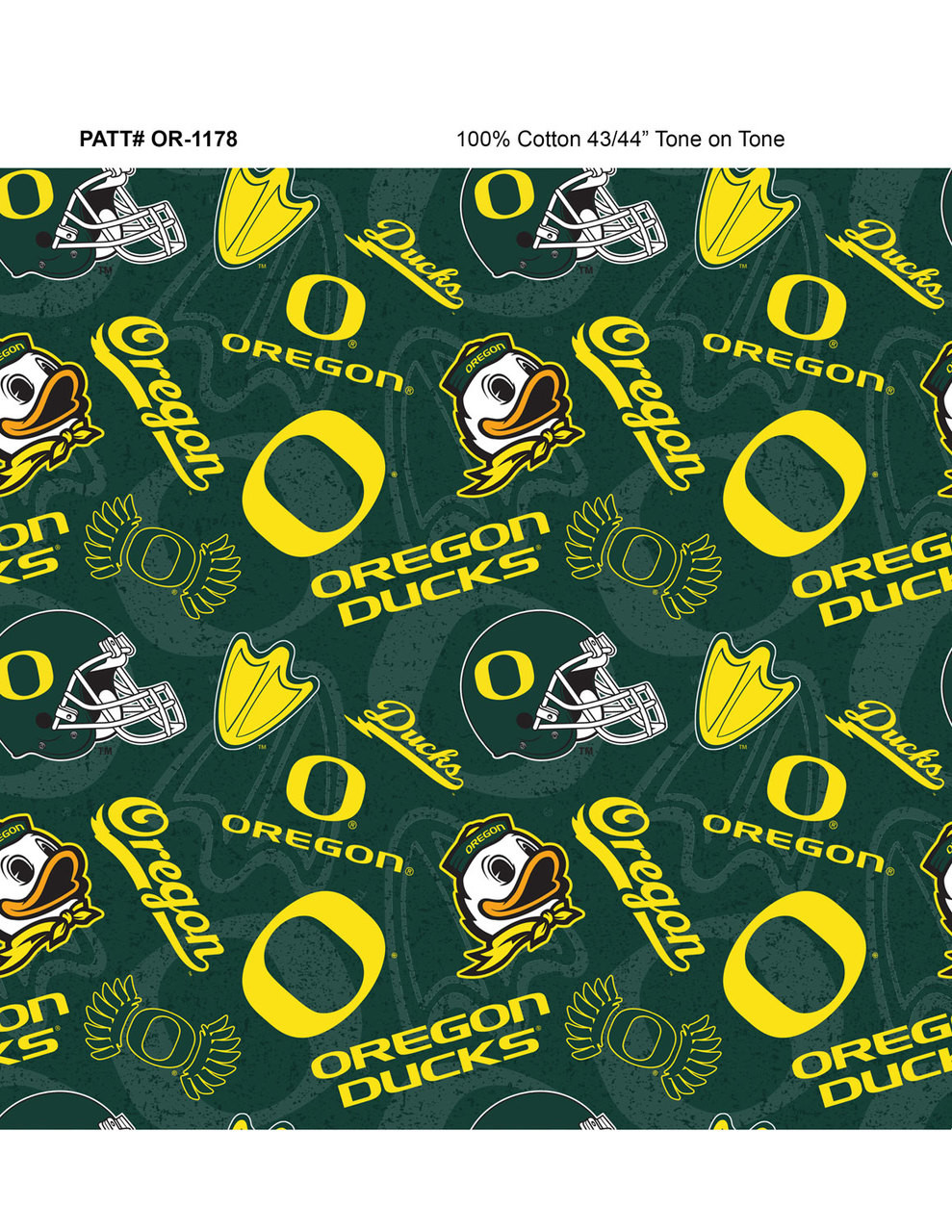 University of Oregon Ducks Cotton Fabric with Tone On Tone Print or Matching Solid Cotton Fabrics