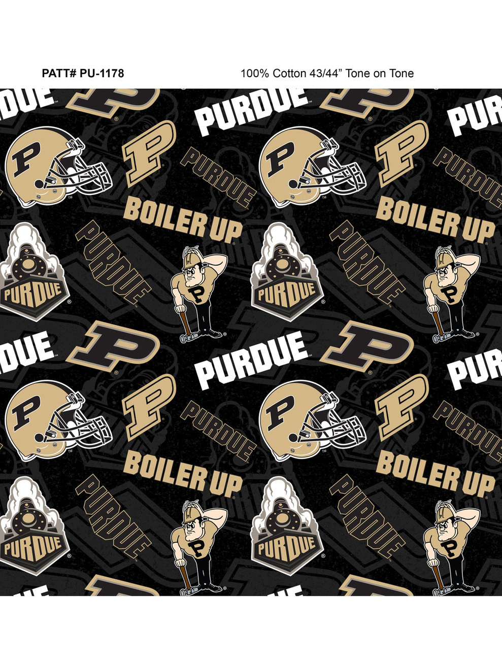 Purdue University Boilermakers Cotton Fabric with Tone On Tone Print or Matching Solid Cotton Fabrics