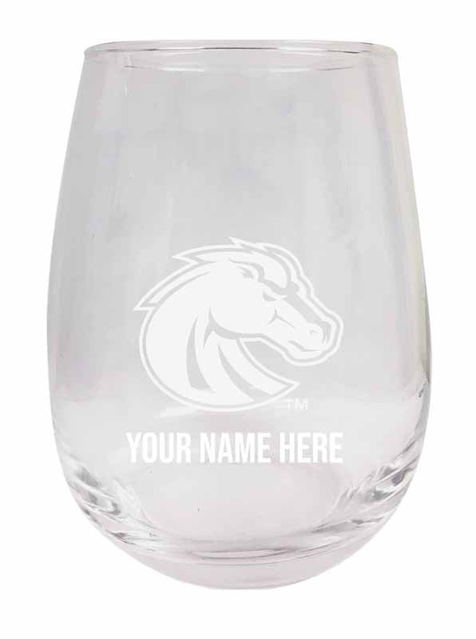 Personalized Customizable Boise State Broncos Etched Stemless Wine Glass 9 oz With Custom Name