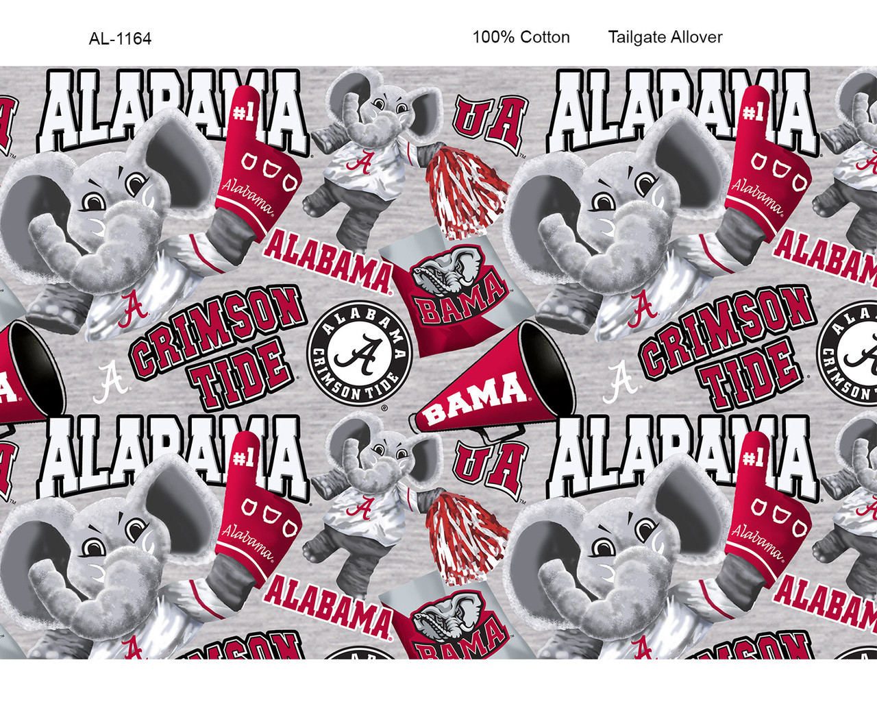 University of Alabama Crimson Tide Cotton Fabric with Mascot Heather Print or Matching Solid Cotton Fabrics