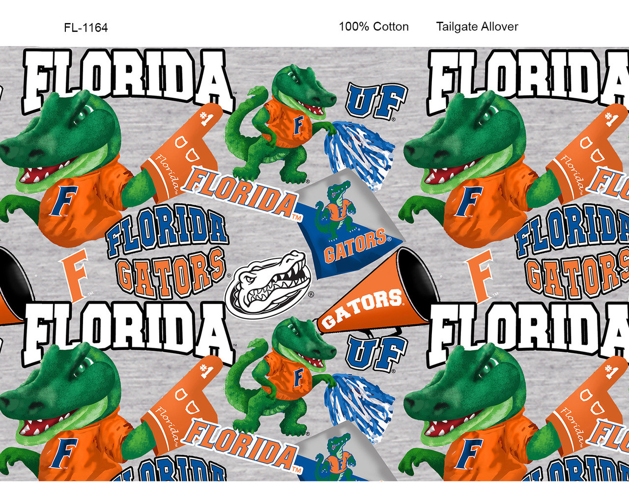 University of Florida Gators Cotton Fabric with Mascot Heather Print or Matching Solid Cotton Fabrics