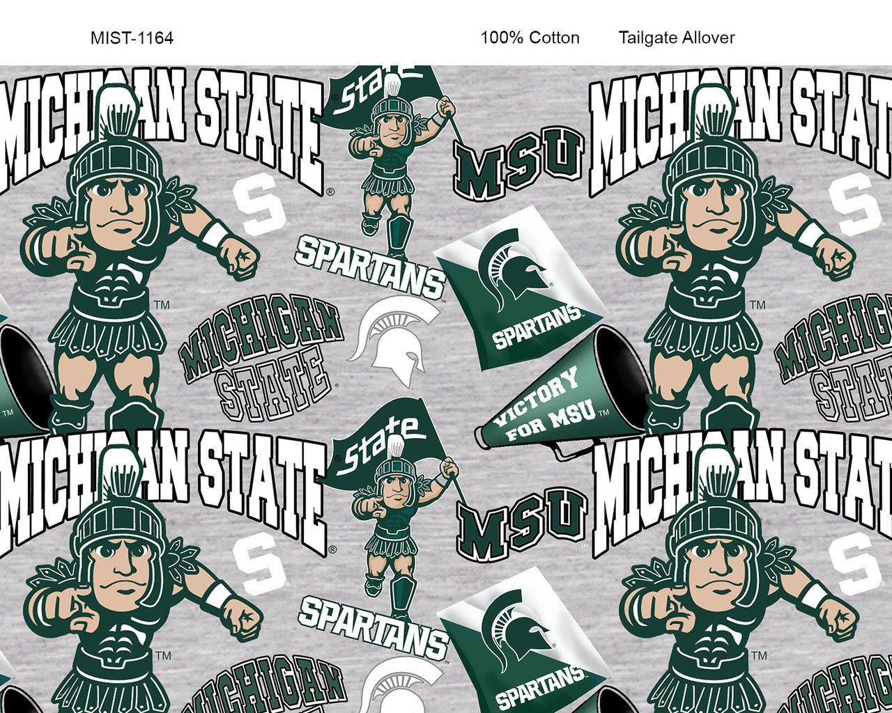 Michigan State University Spartans Cotton Fabric with Mascot Heather Print or Matching Solid Cotton Fabrics