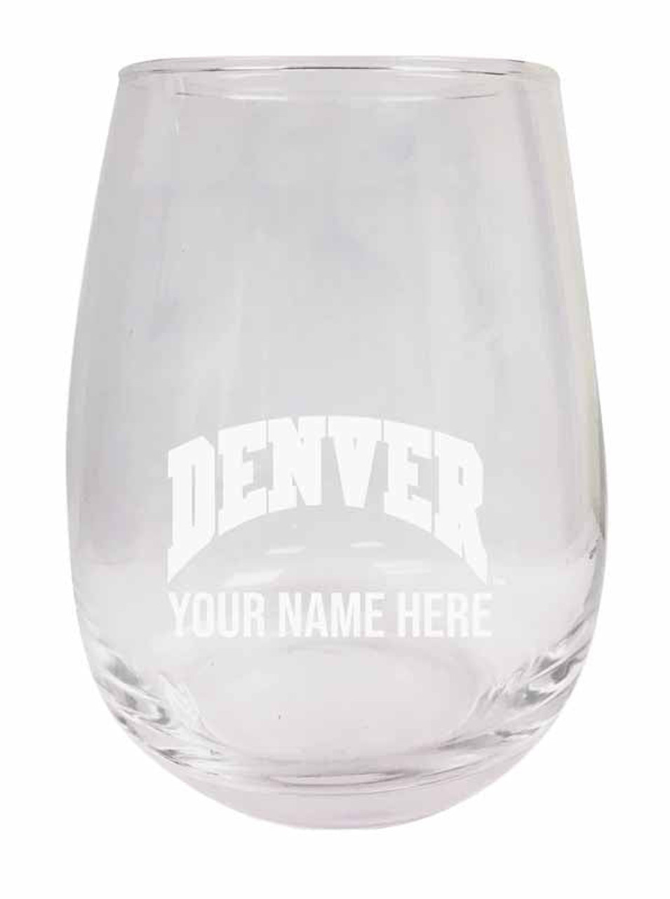 Personalized Customizable University of Denver Pioneers Etched Stemless Wine Glass 9 oz With Custom Name