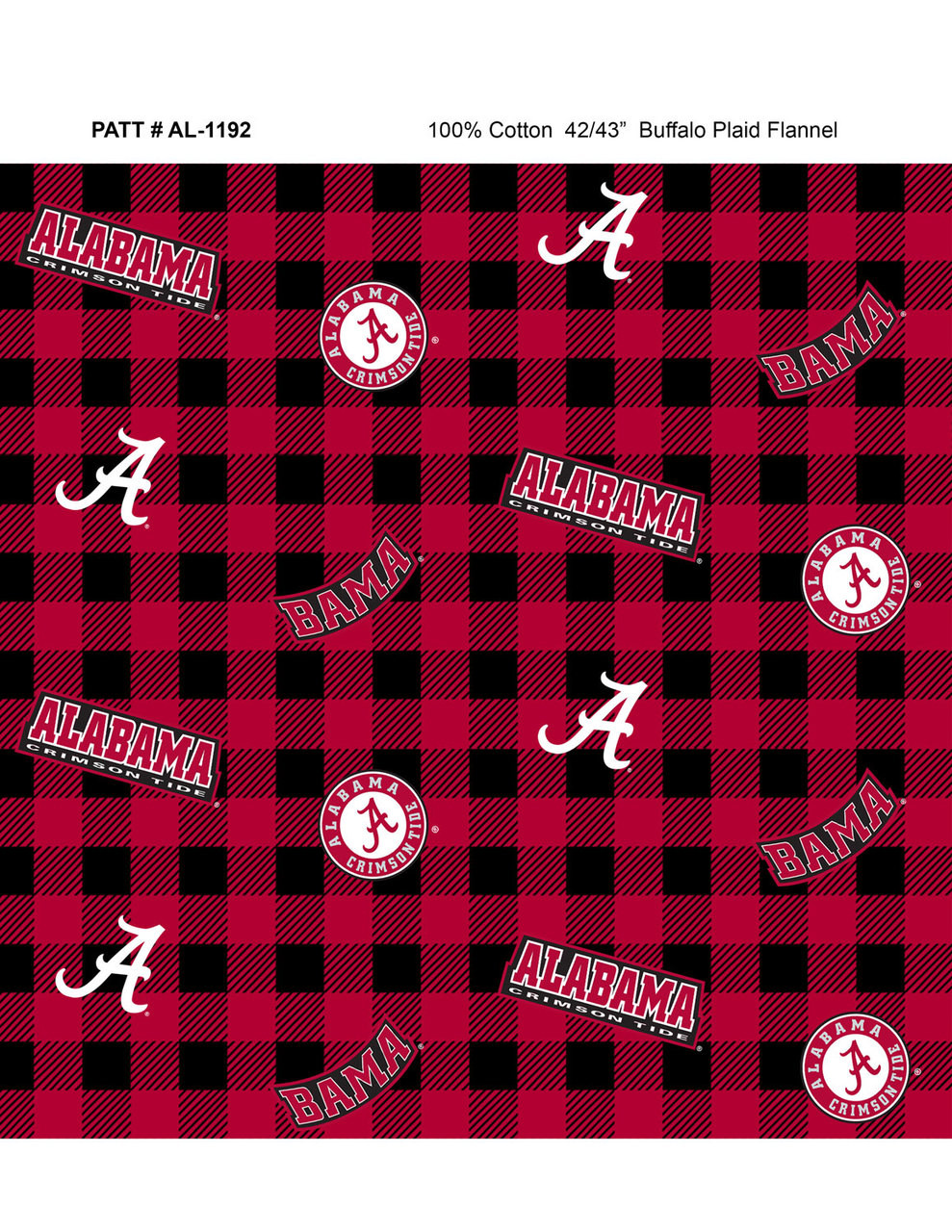 University of Alabama Crimson Tide Flannel Fabric with Buffalo Plaid Print