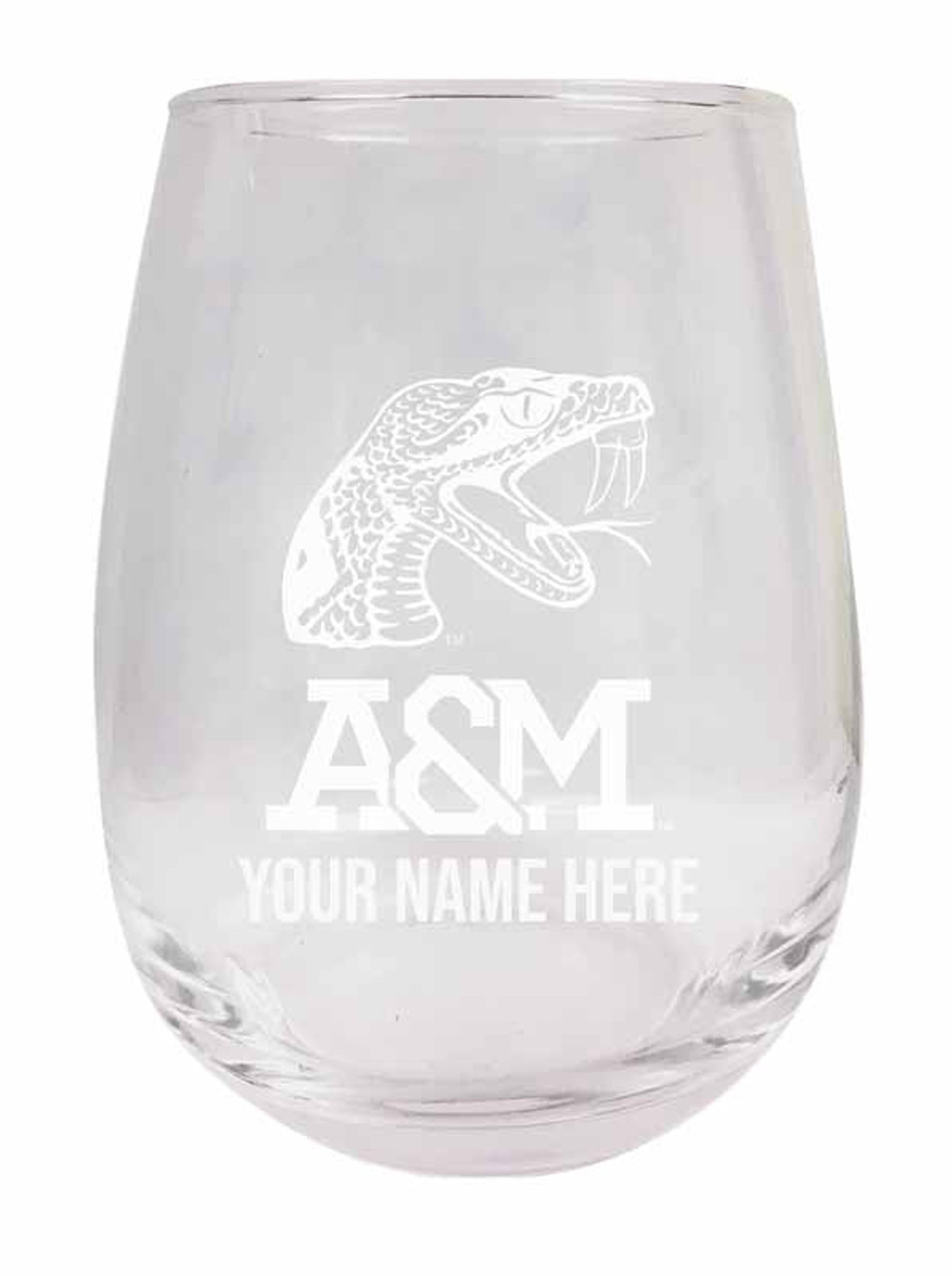 Personalized Customizable Florida A&M Rattlers Etched Stemless Wine Glass 9 oz With Custom Name