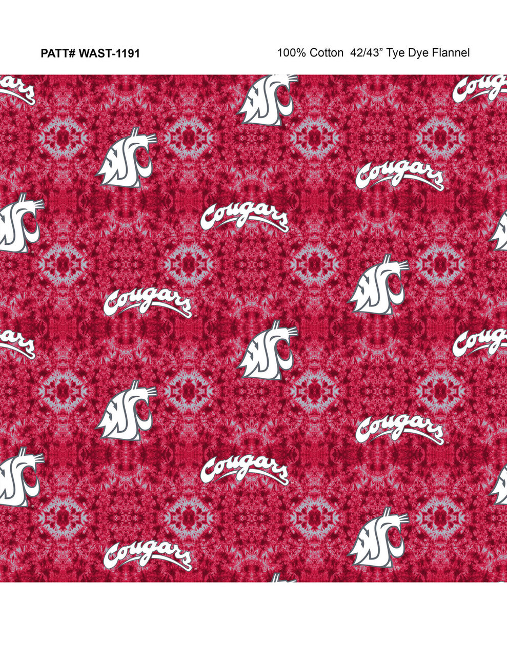 Washington State University Cougars Flannel Fabric with Tie Dye Print