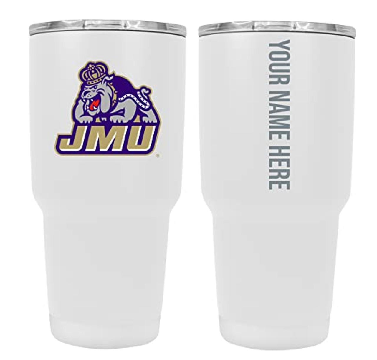 Collegiate Custom Personalized James Madison Dukes, 24 oz Insulated Stainless Steel Tumbler with Engraved Name (White)