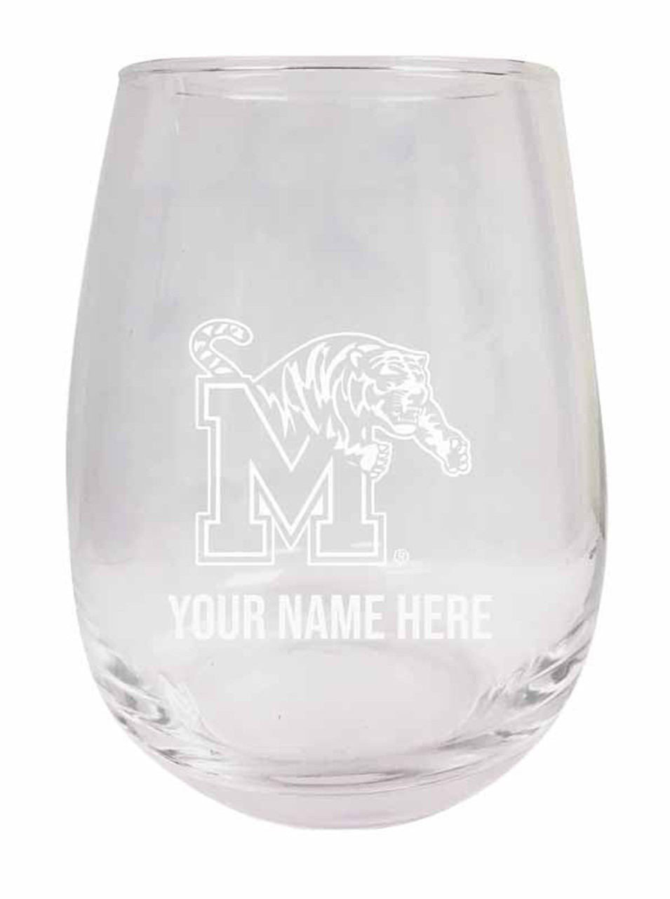 Personalized Customizable Memphis Tigers Etched Stemless Wine Glass 9 oz With Custom Name