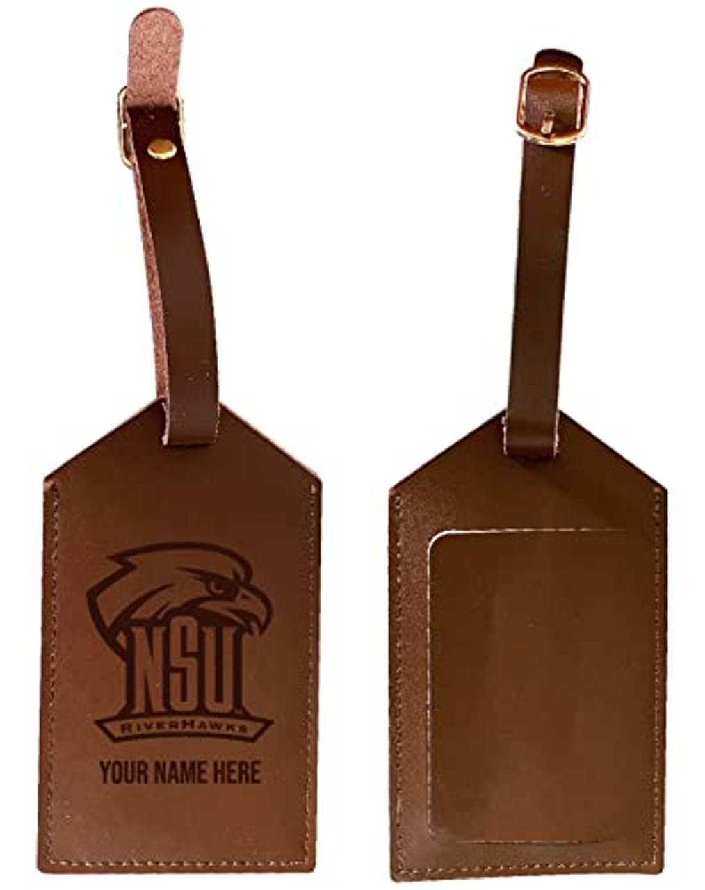 Personalized Customizable Northeastern State University Riverhawks Engraved Leather Luggage Tag with Custom Name