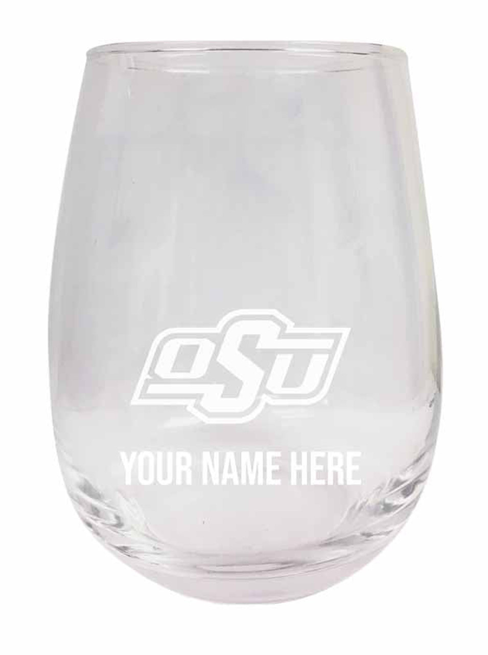 Personalized Customizable Oklahoma State Cowboys Etched Stemless Wine Glass 9 oz With Custom Name