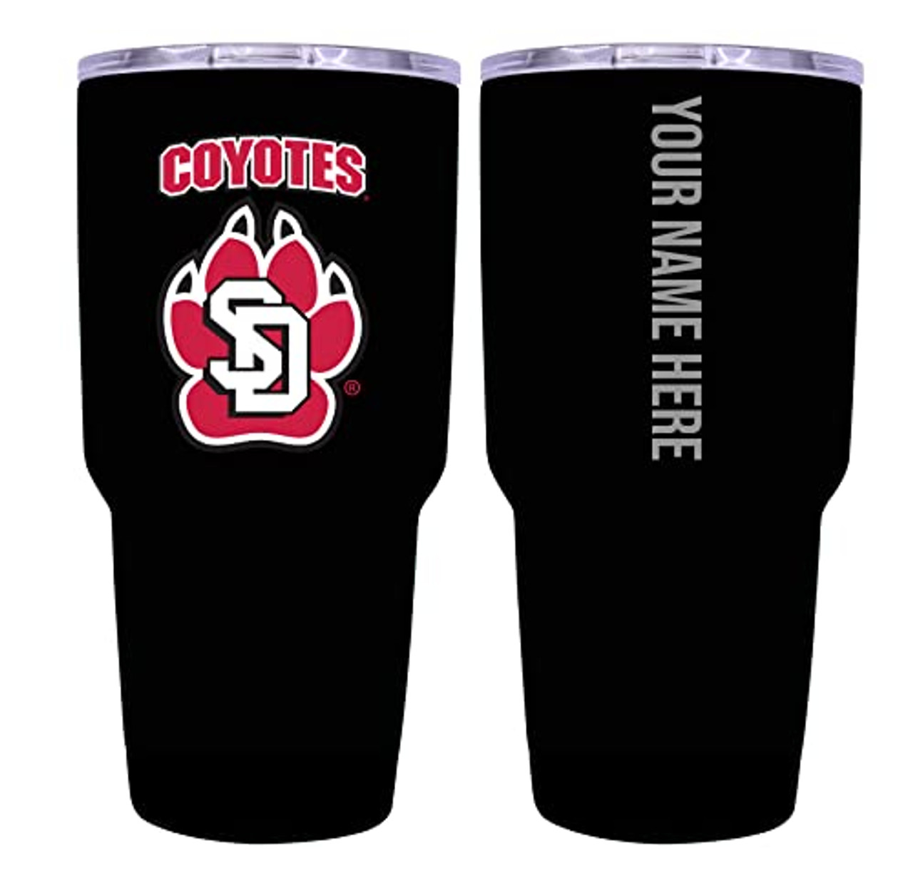 Collegiate Custom Personalized South Dakota Coyotes, 24 oz Insulated Stainless Steel Tumbler with Engraved Name (Black)