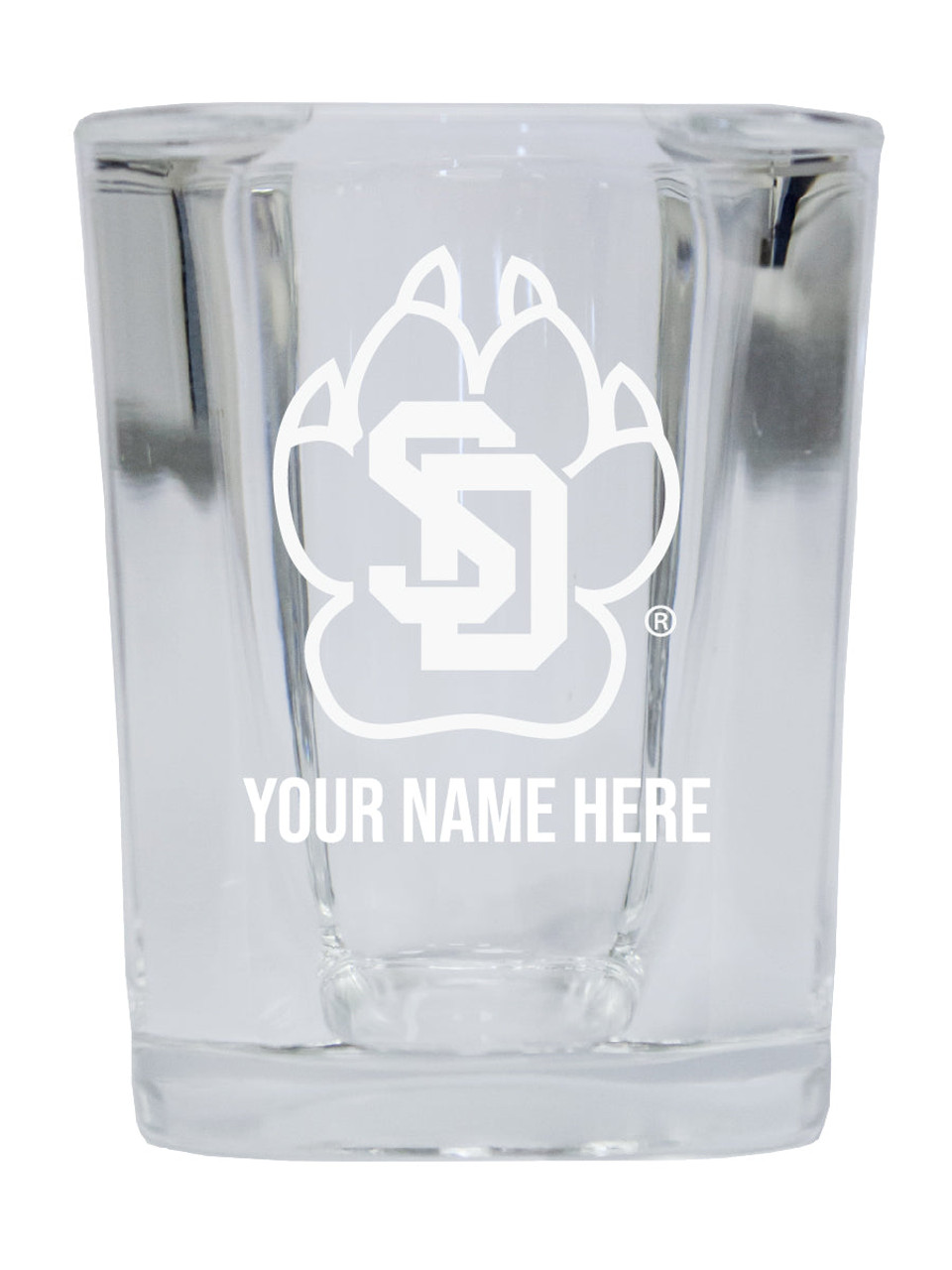 Personalized Customizable South Dakota Coyotes Etched Stemless Shot Glass 2 oz With Custom Name