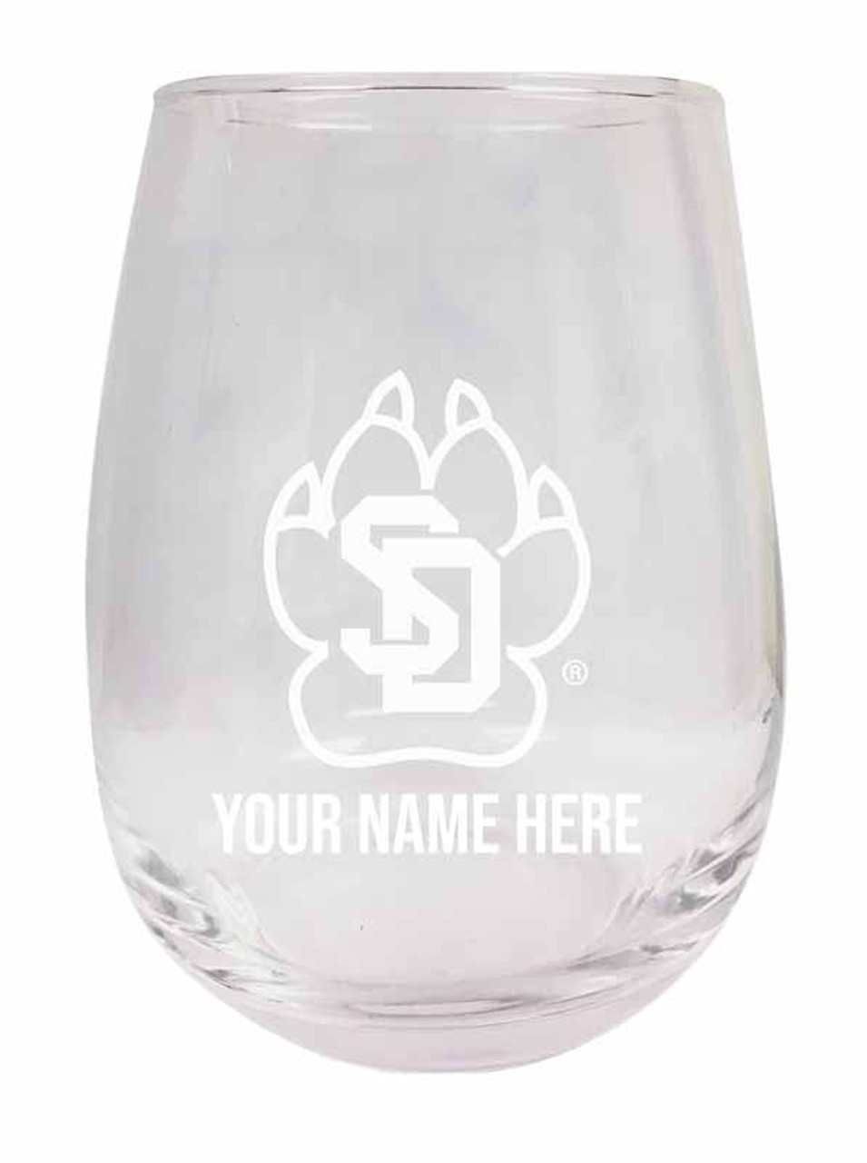 Personalized Customizable South Dakota Coyotes Etched Stemless Wine Glass 9 oz With Custom Name