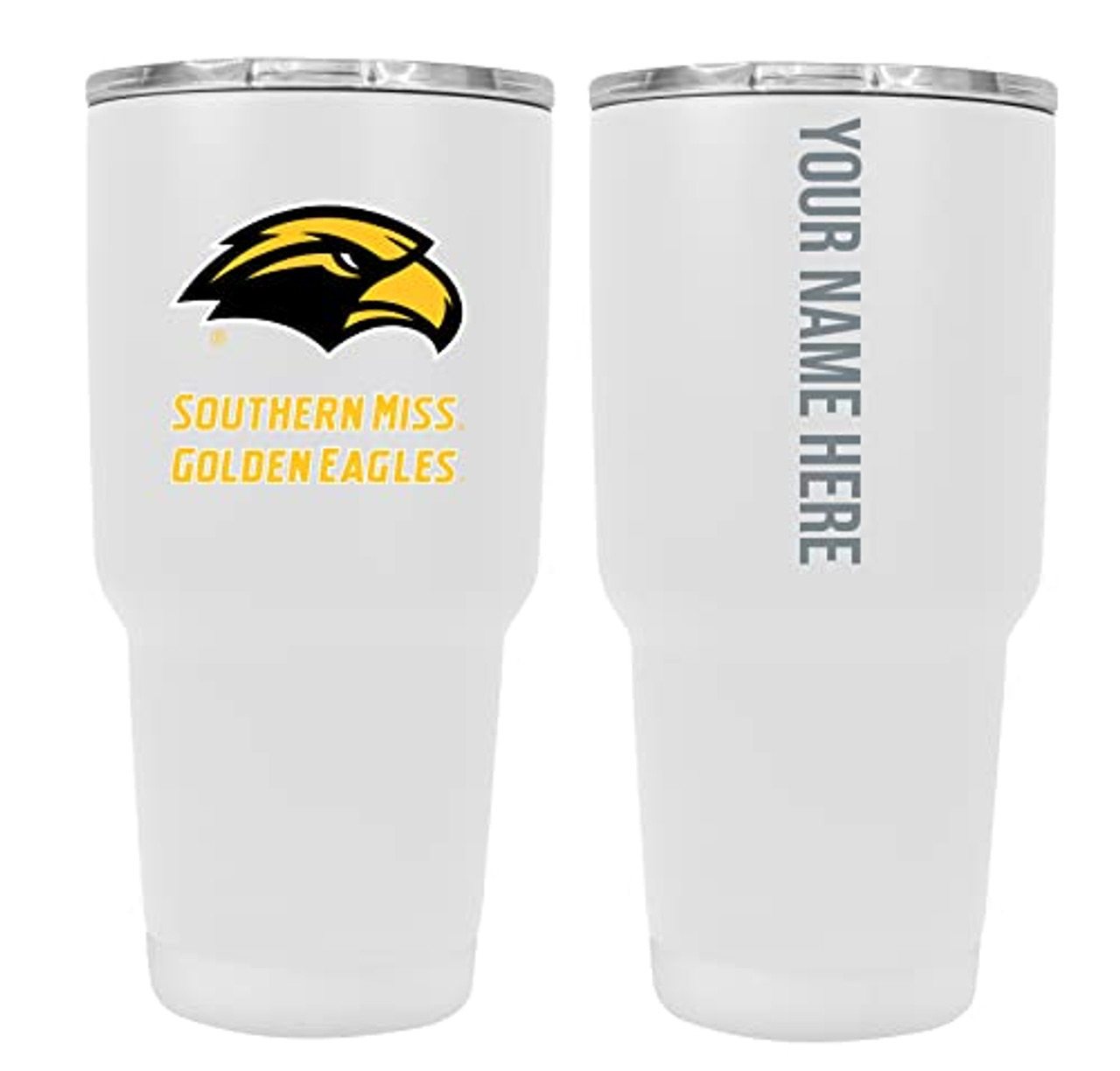 Collegiate Custom Personalized Southern Mississippi Golden Eagles, 24 oz Insulated Stainless Steel Tumbler with Engraved Name (White)