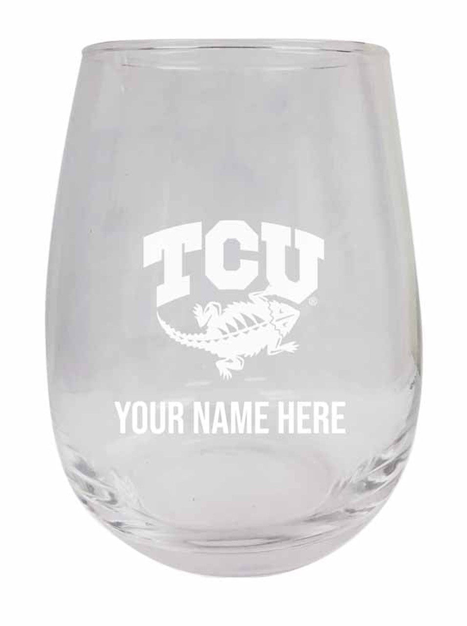 Personalized Customizable Texas Christian University Etched Stemless Wine Glass 9 oz With Custom Name