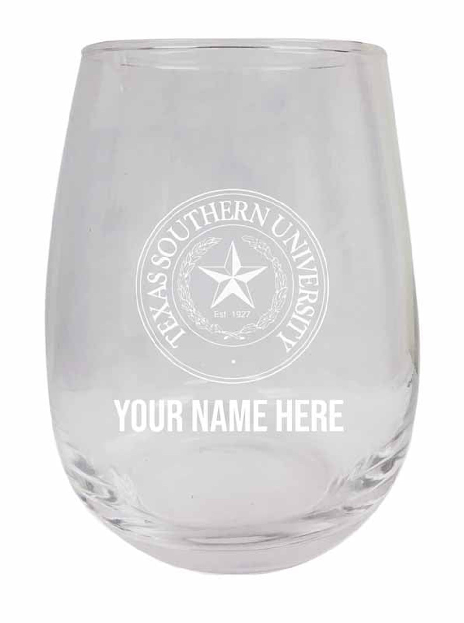 Personalized Customizable Texas Southern University Etched Stemless Wine Glass 9 oz With Custom Name