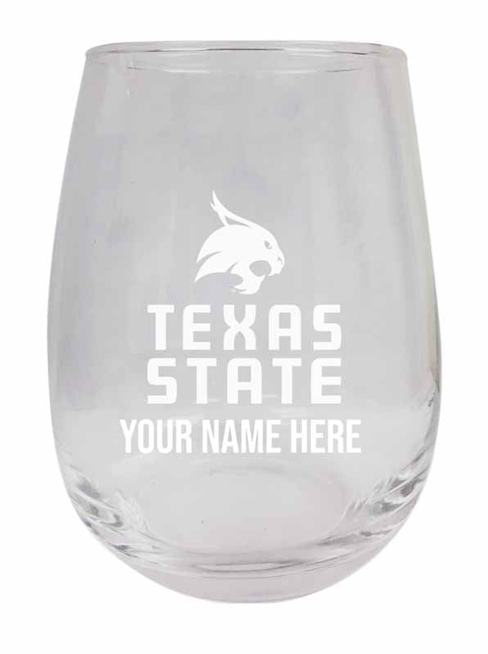 Personalized Customizable Texas State Bobcats Etched Stemless Wine Glass 9 oz With Custom Name