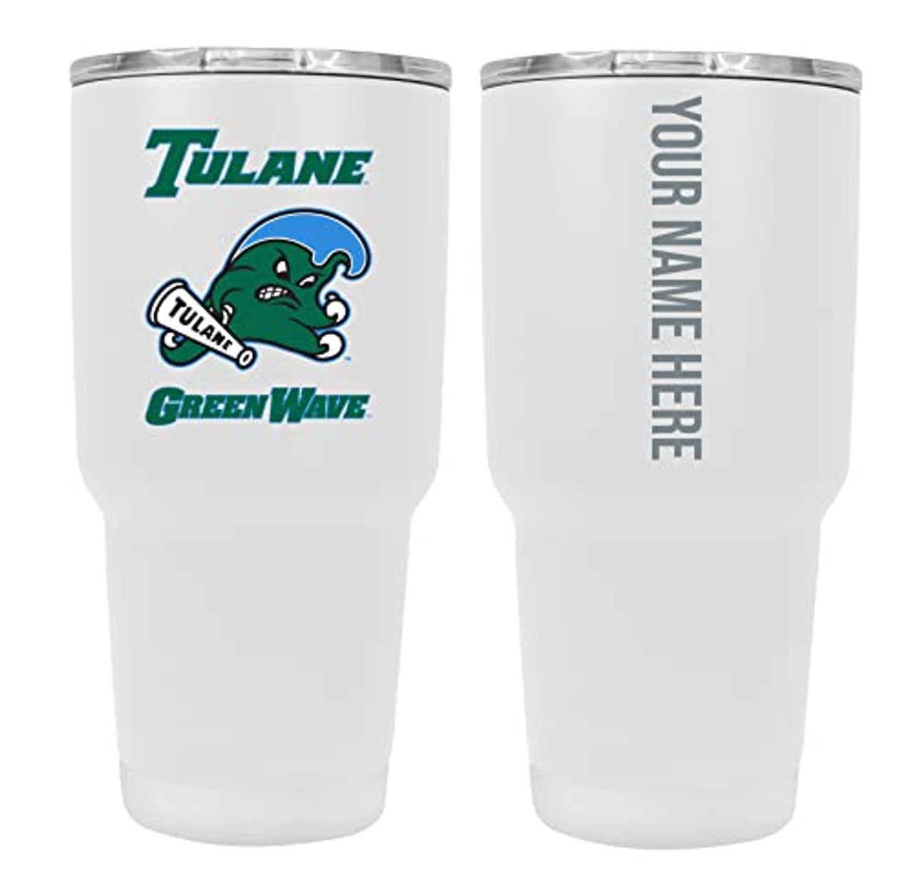 Collegiate Custom Personalized Tulane University Green Wave, 24 oz Insulated Stainless Steel Tumbler with Engraved Name (White)