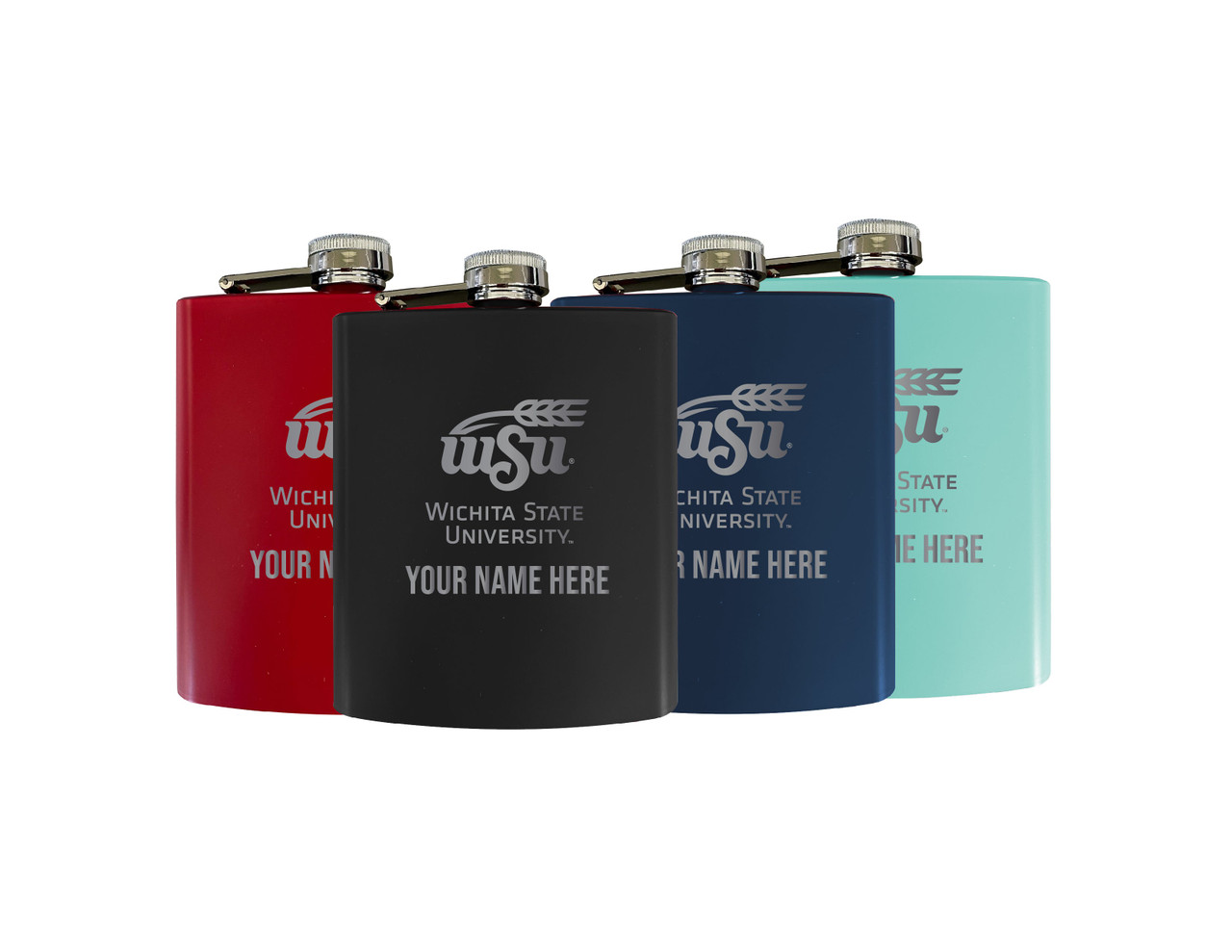 Personalized Customizable Wichita State Shockers Matte Finish Stainless Steel 7 oz Flask Personalized with Custom Text Choice of Color
