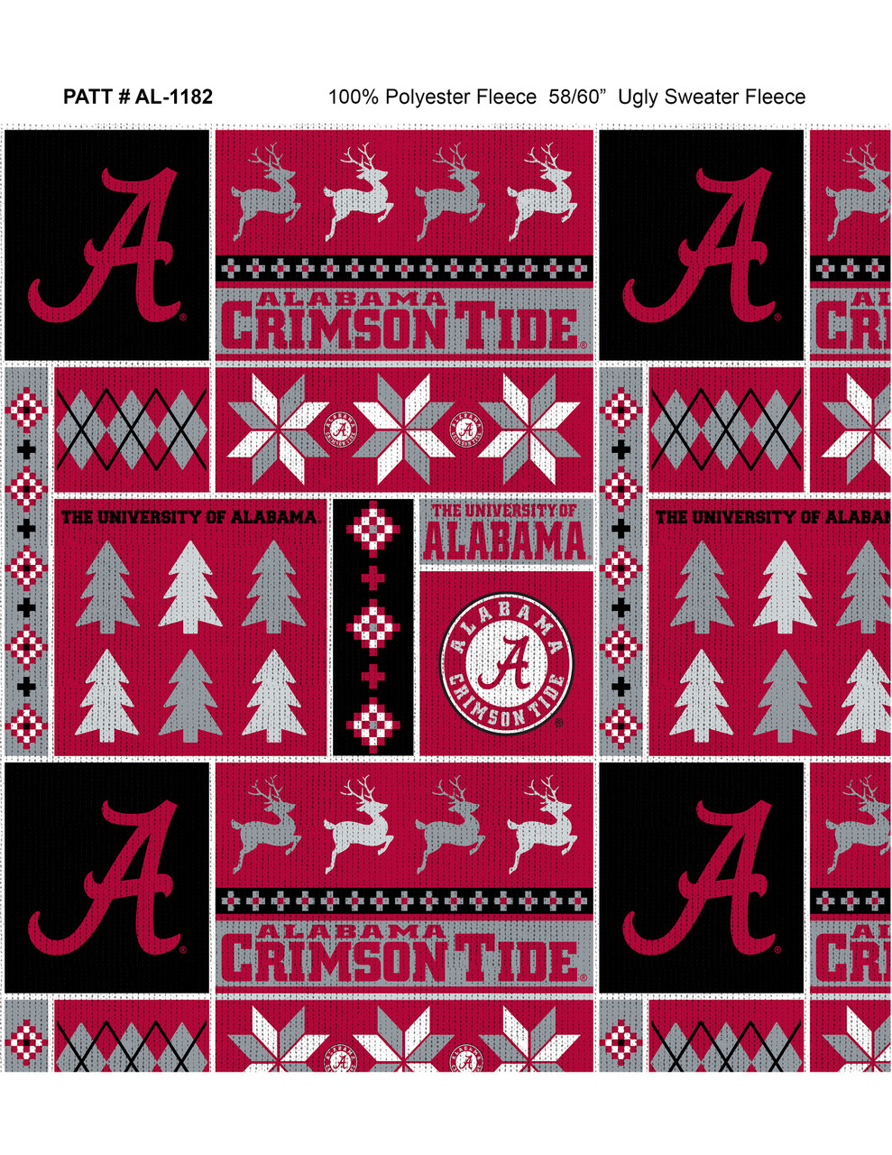 University of Alabama Crimson Tide Holiday Sweater Fleece Fabric Remnants